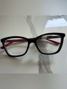 Gucci Black Frame Eyeglasses with Red Temples